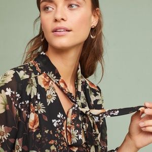Tie-Neck Autumn Floral Anthropologie Top M